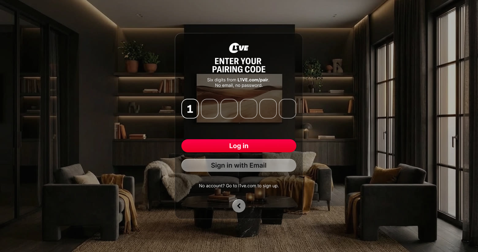 The pairing screen inside the headset: six code fields, no credentials