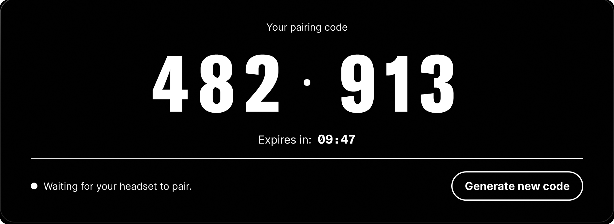The pairing card: the code, a countdown, and a waiting state